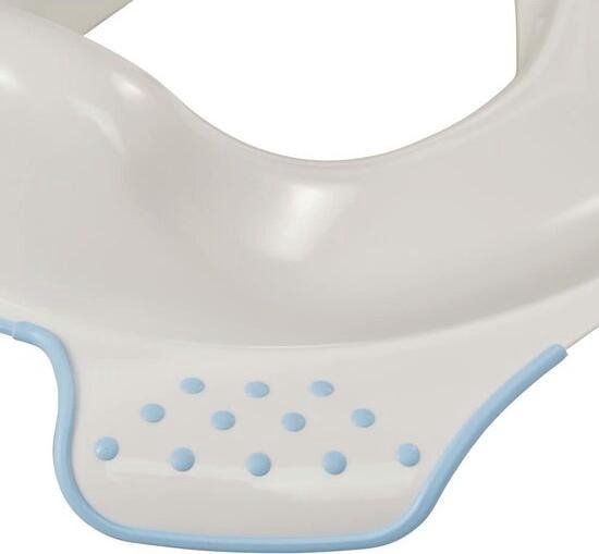 Detail van een witte wc-verkleiner met lichtblauwe, ronde noppen op de gripstukken.