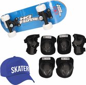 Skateboard set voor kinderen maat L-  9-10 jaar/valbescherming/skater pet/skateboard met print 43 cm blauw