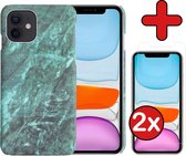 Hoes voor iPhone 11 Hoesje Marmer Hardcover Fashion Case Hoes Met 2x Screenprotector - Hoes voor iPhone 11 Marmer Hoesje Hardcase Back Cover - Groen x Zwart