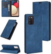 Voor Samsung Galaxy A02s (Amerikaanse versie) Retro-skin zakelijke magnetische zuignap lederen tas met houder & kaartsleuven en portemonnee (donkerblauw)