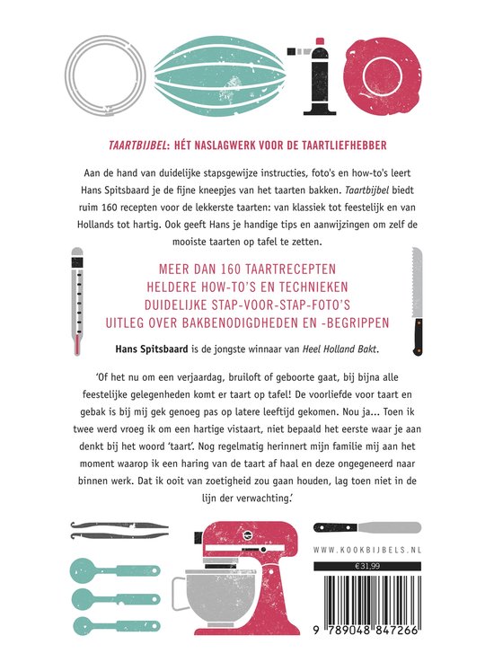 Kookboek 'Taartbijbel' met illustraties van keukenbenodigdheden, een thermometer, een mixer en de tekst 'Hans Spitsbaard'.