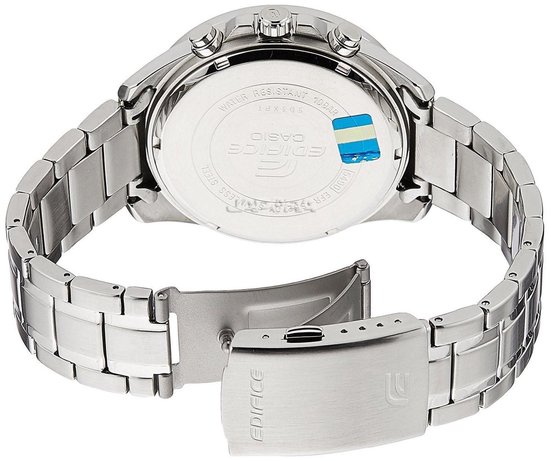 Zilverkleurig Casio Edifice horloge, achterkant met waterbestendigheidsaanduiding en stalen band.