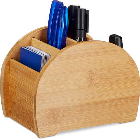 Relaxdays bureau organizer bamboe, 7 vakken, pennenbakje, kantoor, keuken, badkamer, bestekhouder HBD 11x30x15cm, natuur