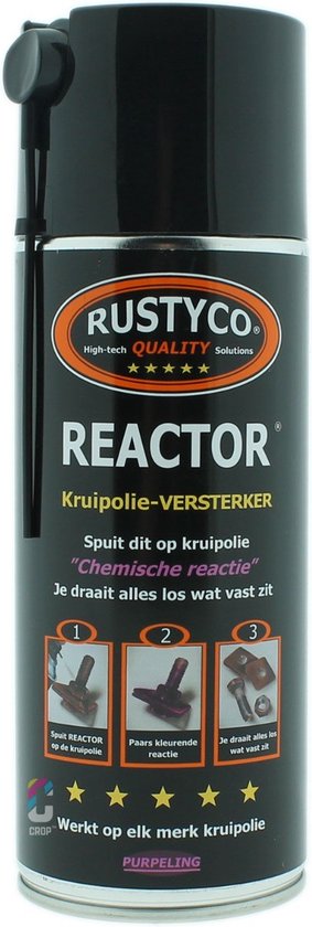 Zwarte spuitbus Rustyco REACTOR met extension tube, kruipolie-versterker, met driedelige instructies.