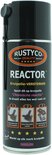 Zwarte spuitbus Rustyco REACTOR met extension tube, kruipolie-versterker, met driedelige instructies.