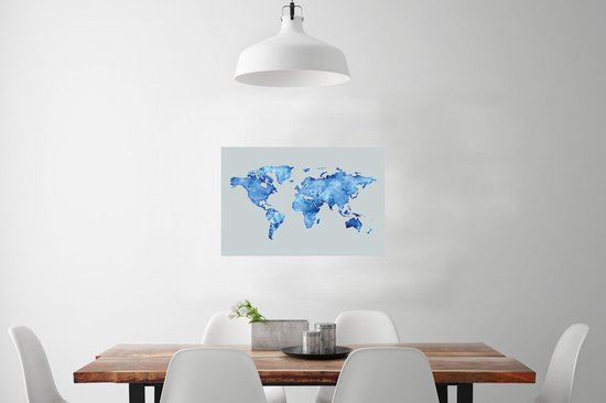 Mappemonde aquarelle bleu sur fond bleu clair 90x60 cm