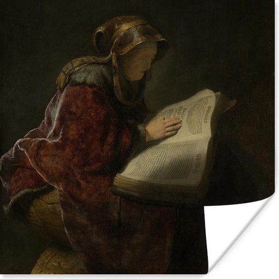 Poster Oude lezende vrouw, waarschijnlijk de profetes Hanna - Schilderij van Rembrandt van Rijn - 30x30 cm
