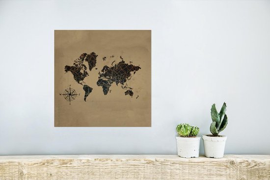 Poster Wereldkaart - Goud - Kompas - 30x30 cm