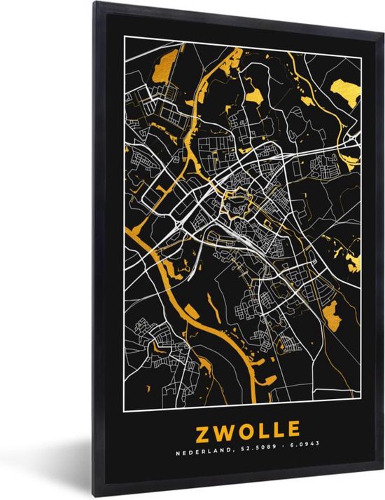 Fotolijst incl. Poster - Plattegrond - Zwolle - Goud - Zwart - 60x90 cm - Posterlijst - Stadskaart