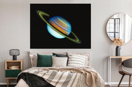 Affiche de Saturne aux teintes bleues, oranges et jaunes avec des anneaux sur fond noir.