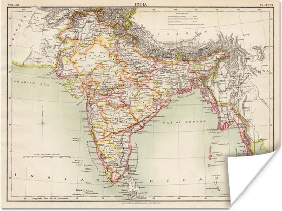 Illustration d'une carte historique de l'Inde poster 160x120 cm - Tirage photo sur Poster (décoration murale salon / chambre) XXL / Groot format!