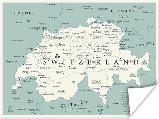 Poster Vintage kaart van Zwitserland - 40x30 cm
