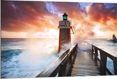 Dibond - Opspattend Water tegen Toren - 120x80cm Foto op Aluminium (Met Ophangsysteem)