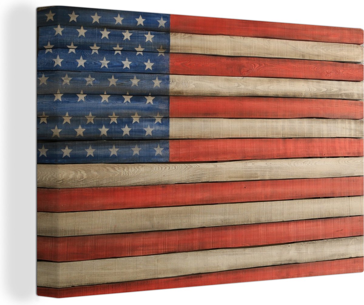Canvas Schilderij Vlag van Verenigde Staten op houten palen - 60x40 cm - Wanddecoratie