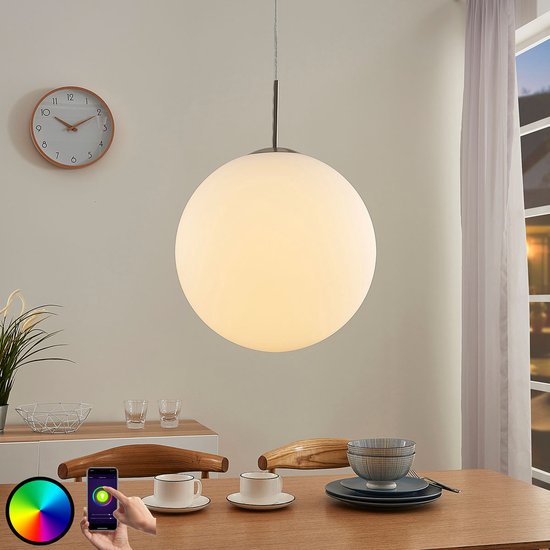 Lindby - Lampe suspendue intelligente - RGB - avec gradateur - 1 lumière - verre, métal - E27 - blanc, nickel satiné - Source lumineuse incluse