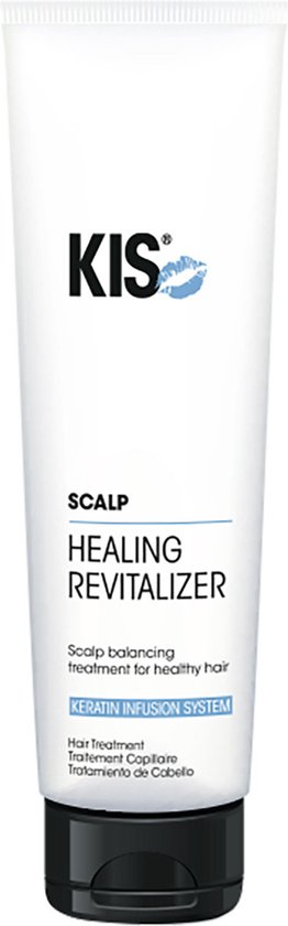 Witte tube met KIS logo, 'SCALP HEALING REVITALIZER' en 'KERATIN INFUSION SYSTEM'