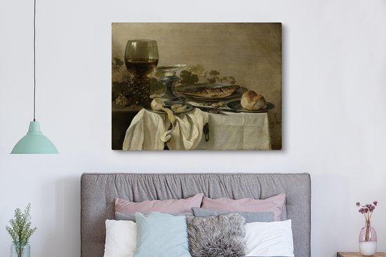 Nature morte avec un poisson - Peinture de Pieter Claesz 160x120 cm - Tirage photo sur Toile (Décoration murale salon / chambre) XXL / Groot format!