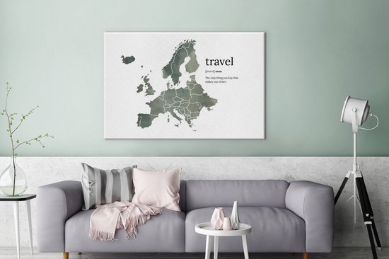 Carte de l'Europe en aquarelle grise avec le mot travel et description du dictionnaire inventé 120x80 cm - Tirage photo sur toile (Décoration murale salon / chambre)