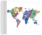 Canvas Wereldkaart - 60x40 - Wanddecoratie Wereldkaart - Waterverf - Regenboog