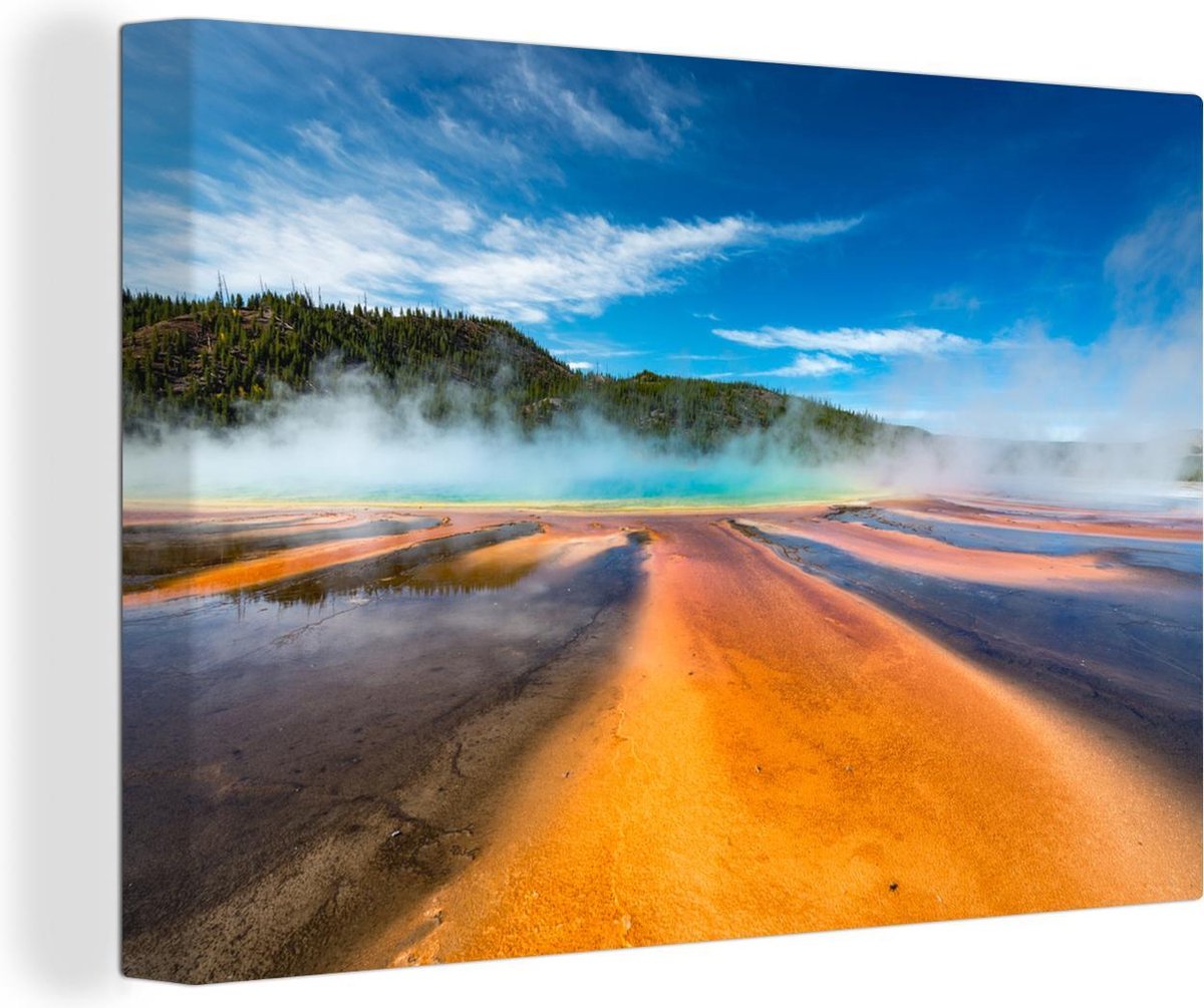 Canvas Schilderij Een gele weg die naar de geiser leidt in het Nationaal park Yellowstone