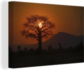 Canvas Schilderij Oranje zonsondergang achter een Baobabboom in het Nationaal park Lower Zambezi - 120x80 cm - Wanddecoratie