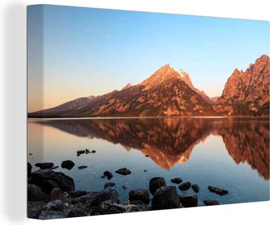 Lumière du matin sur les montagnes de Teton au bord d'un lac calme Toile 90x60 cm - Tirage photo sur toile (Décoration murale salon / chambre)