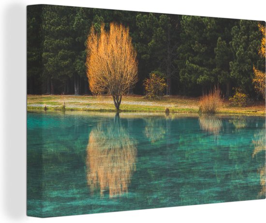 Canvas Schilderij Smaragdgroen meer weerspiegeld bomen - 60x40 cm - Wanddecoratie