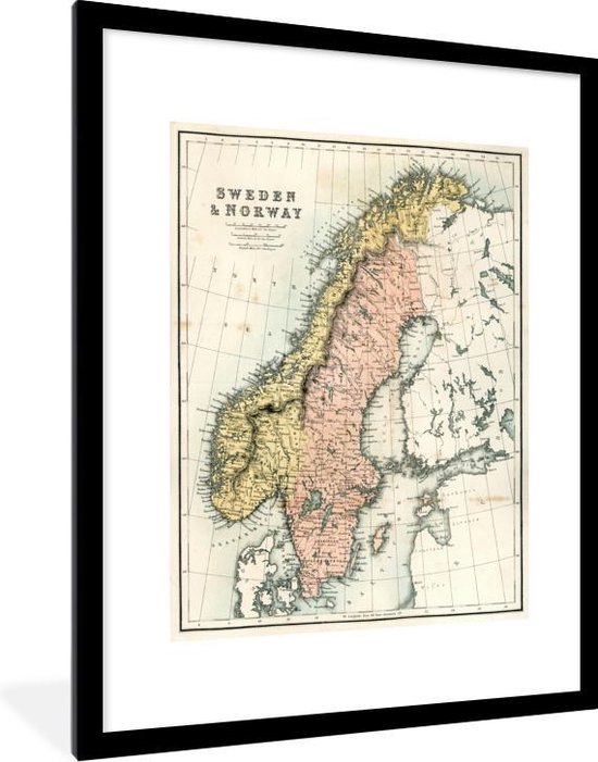 Fotolijst incl. Poster - Antieke kaart van Zweden en Noorwegen - 60x80 cm - Posterlijst