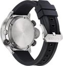 Zilverkleurig Citizen horloge met zwarte band, zicht op de achterkant en gesp.