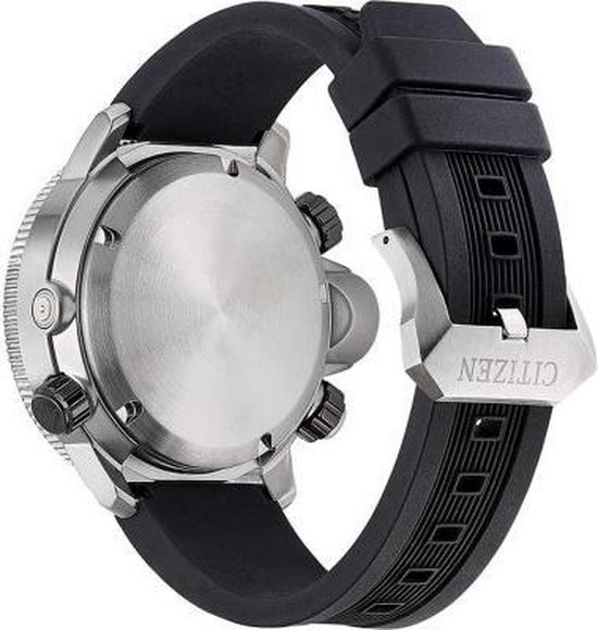 Zilverkleurig Citizen horloge met zwarte band, zicht op de achterkant en gesp.