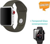 Band geschikt voor Apple Watch - silicone band - donkergroen + glazen screen protector - Maat: 44mm - M/L