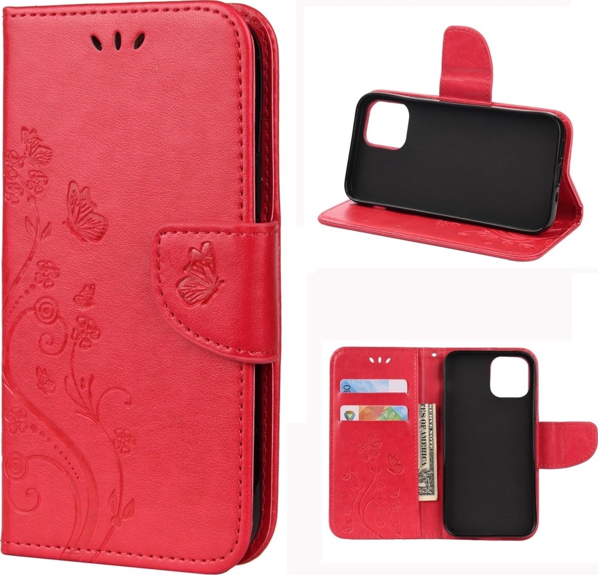 Mobigear Telefoonhoesje geschikt voor Apple iPhone 12 Mini Hoesje | Mobigear Flowers Bookcase Portemonnee | Pasjeshouder voor 2 Pasjes | Telefoonhoesje voor Pinpas / OV Kaart / Rijbewijs - Rood