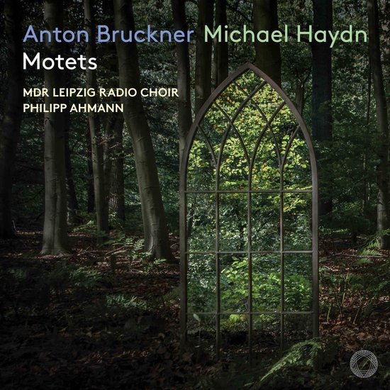 Albumhoes: Een gotisch raam weerspiegelt een bos in de natuur. Tekst: Anton Bruckner, Michael Haydn, Motets, MDR Leipzig Radio Choir, Philipp Ahmann.