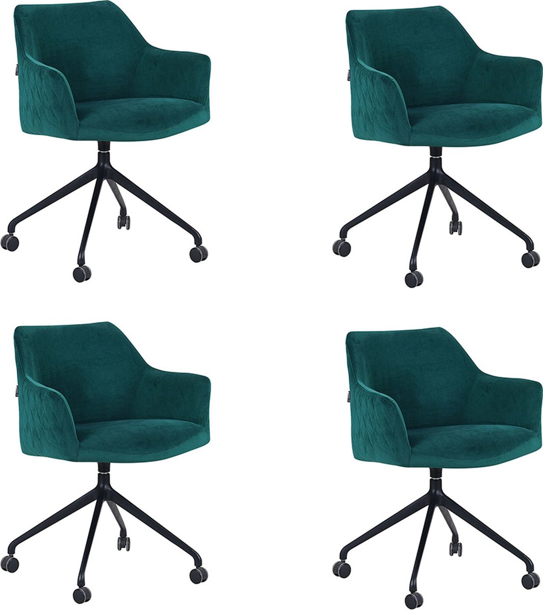 Bronx71® Eetkamerstoel met wieltjes Quinn donkergroen velvet - Eetkamerstoelen set van 4 - stoel