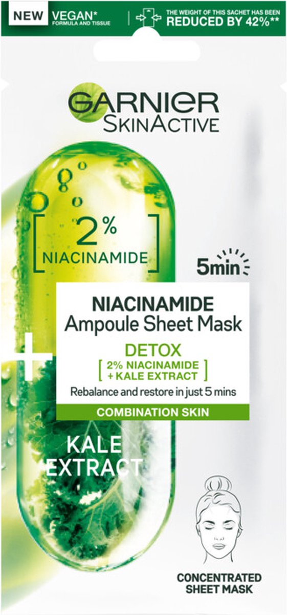 Goedkoopste Garnier SkinActive Ampul Tissue Masker met Boerenkool & Niacinamide - 20 stuk