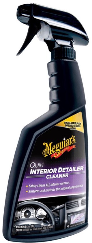 Bouteille noire de nettoyant détaillant intérieur Meguiar's Quik avec étiquette et image d'un intérieur de voiture.