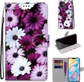 Gekleurde tekening Cross Texture Horizontale Flip PU lederen hoes met houder & kaartsleuven & portemonnee & lanyard voor iPhone 12/12 Pro (Chrysanthemum Pink White Purple)