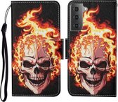 Voor Samsung Galaxy S21 5G Gekleurde Tekening Patroon Horizontale Flip Leren Case met Houder & Kaartsleuven & Portemonnee & Lanyard (Vlam Schedel)