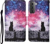 Voor Samsung Galaxy S21 5G Gekleurde Tekening Patroon Horizontale Flip Leren Case met Houder & Kaartsleuven & Portemonnee & Lanyard (Starry Cat)
