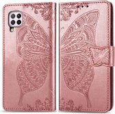 Voor Huawei P40 Lite / Nova 7i / Nova 6SE Vlinder Liefde Bloem Reliëf Horizontale Flip Leren Case met Beugel / Kaartsleuf / Portemonnee / Lanyard (Rose Goud)