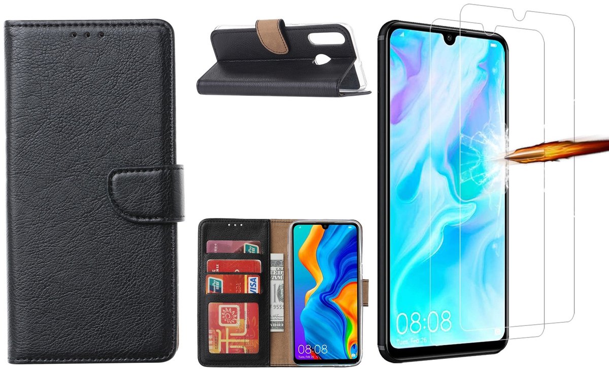 Huawei P30 Lite New Edition Hoesje / P30 Lite portemonnee hoesje Zwart / book case met 2 pack screenprotector