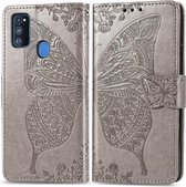 Voor Galaxy M30S / M21 Butterfly Love Flower Reliëf Horizontale Flip Leren Case met Beugel / Kaartsleuf / Portemonnee / Lanyard (Grijs)