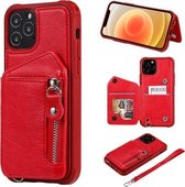 Rits dubbele gesp schokbestendige beschermhoes met standaard & fotohouder & portemonnee-functie voor iPhone 12/12 Pro (rood)