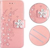 Voor Galaxy A8 (2018) Plum Blossom Pattern Diamond Encrusted Leather Case met houder & kaartsleuven & portemonnee (Rose Gold)