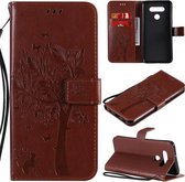 Voor LG K51 Boom & Kat Reliëfpatroon Horizontale Flip Leren Case met Houder & Kaartsleuven & Portemonnee & Lanyard (Koffie)