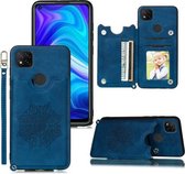 Voor Geschikt voor Xiaomi Redmi 9C Mandala reliëf PU + TPU hoesje met houder & kaartsleuven & fotolijst & draagriem (blauw)