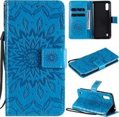 Voor Samsung Galaxy M01 Geperst Afdrukken Zonnebloempatroon Horizontale Flip PU-lederen Case met Houder & Kaartsleuven & Portemonnee & Lanyard (Blauw)