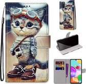 Voor Samsung Galaxy A41 Gekleurde Tekening Cross Textuur Horizontale Flip PU Lederen Case met Houder & Kaartsleuven & Portemonnee & Lanyard (Leren Schoenen Kat)