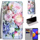 Voor Samsung Galaxy A01 Core Gekleurde Tekening Cross Textuur Horizontale Flip PU Lederen Case met Houder & Kaartsleuven & Portemonnee & Lanyard (Lichtroze Boeket)