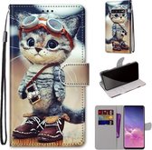 Voor Samsung Galaxy S10 Gekleurde Tekening Cross Textuur Horizontale Flip PU Lederen Case met Houder & Kaartsleuven & Portemonnee & Lanyard (Leren Schoenen Kat)